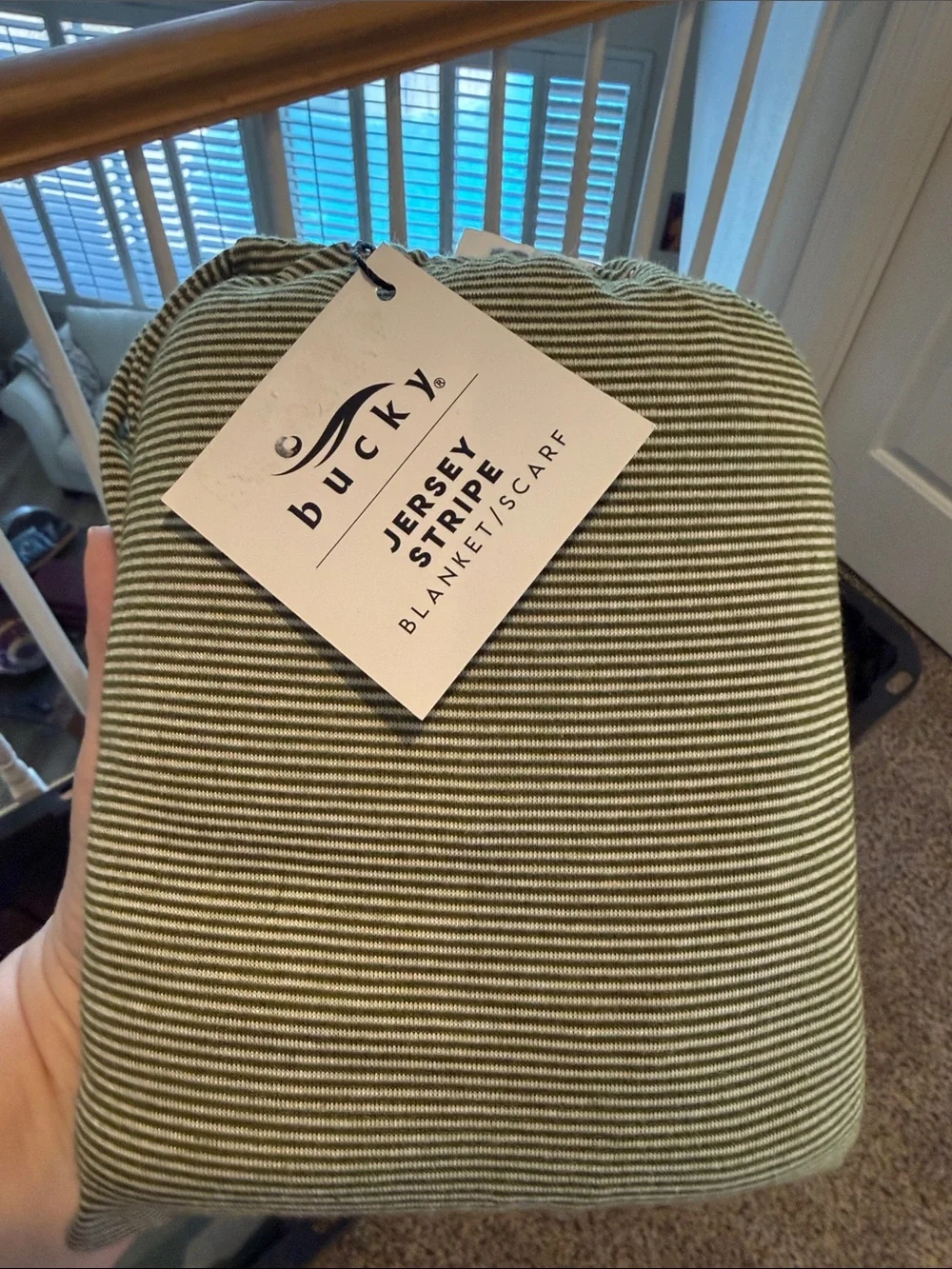 Jersey Stripe Blanket/Scarf in Olive & White